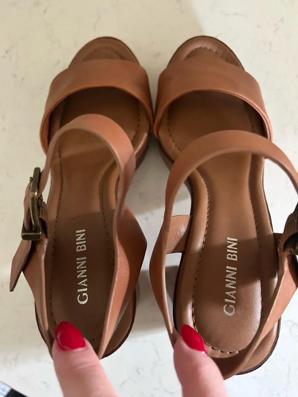 Gianni Bini Leather Platform Heel Sandals in Rich Caramel